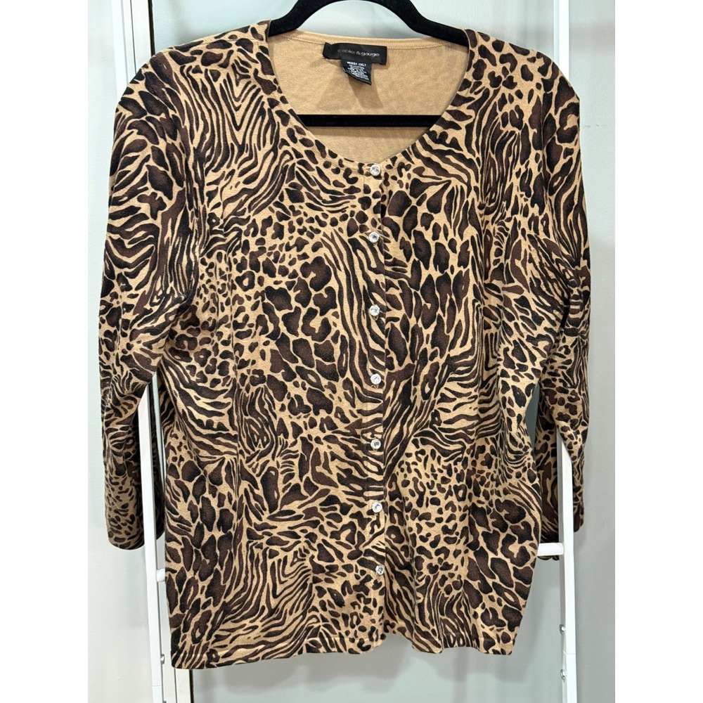 Jones New York Brown Animal Print Button-Front Sweater
